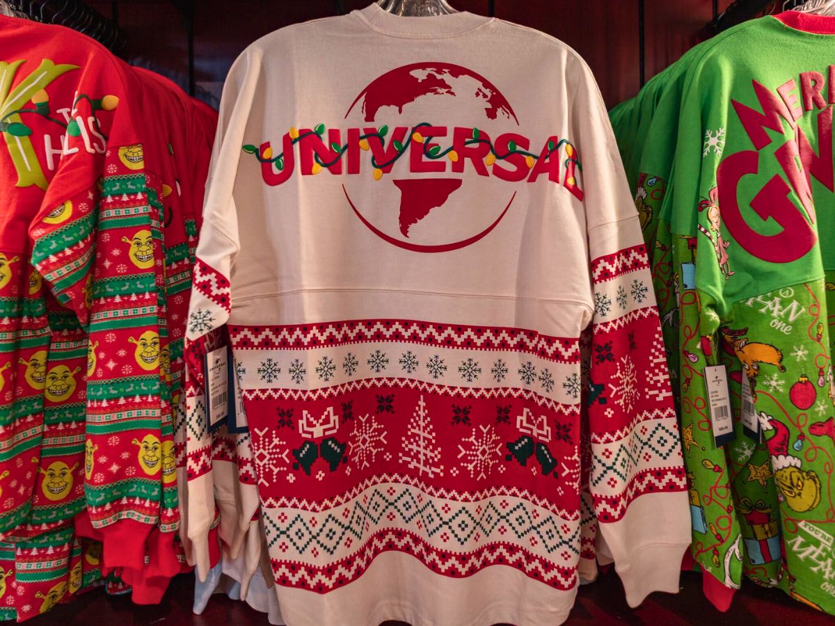 Universal Orlando Christmas Spirit Jersey showing festive park iconography