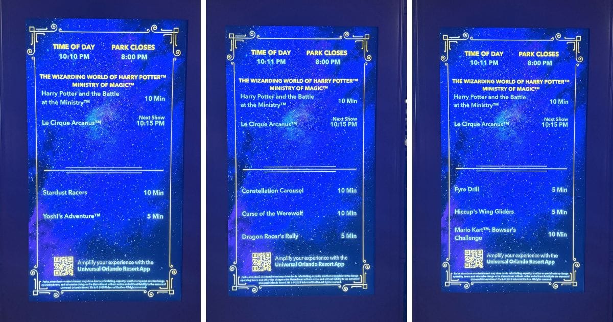 Digital wait time boards at Universal Epic Universe showing 5 to 10 minute waits for major attractions during the after-hours event.