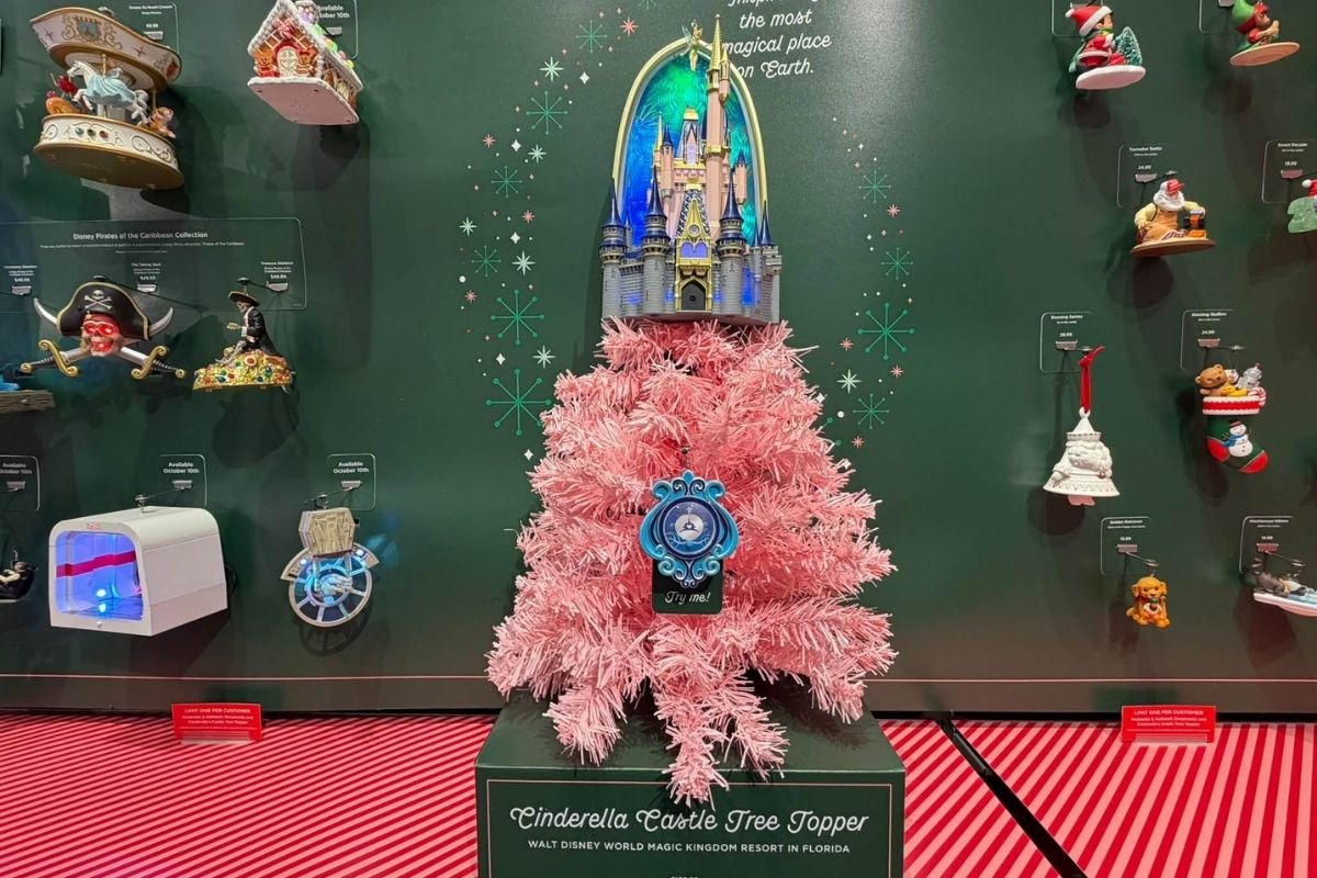 Cinderella Castle 10.75-inch light and sound Christmas tree topper in retail box at Disney Springs