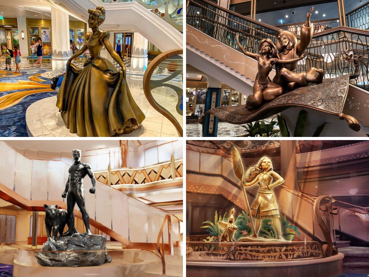 Comparison grid of Grand Hall character statues across Disney Wish, Disney Treasure, Disney Destiny, and Disney Believe