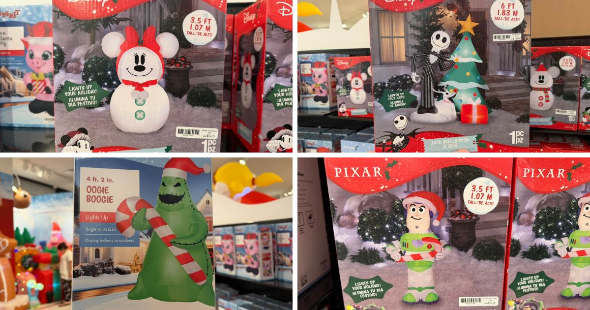 Disney holiday inflatables on display inside Spirit Christmas