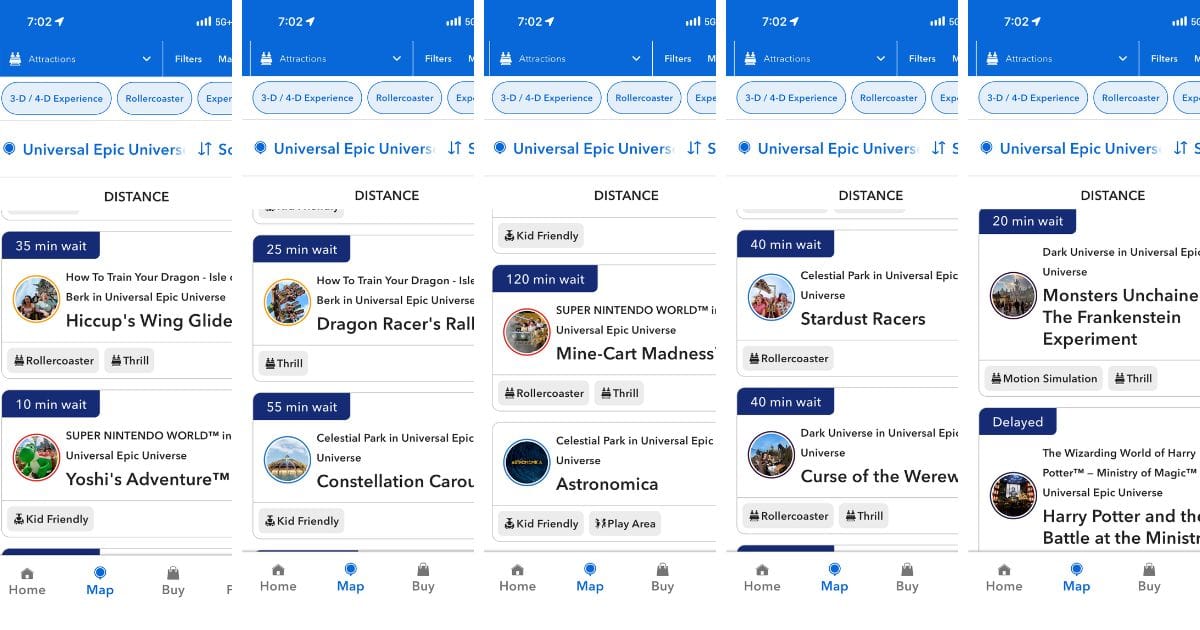 Universal Orlando app screenshots showing high attraction wait times at Epic Universe one hour before standard park closing.