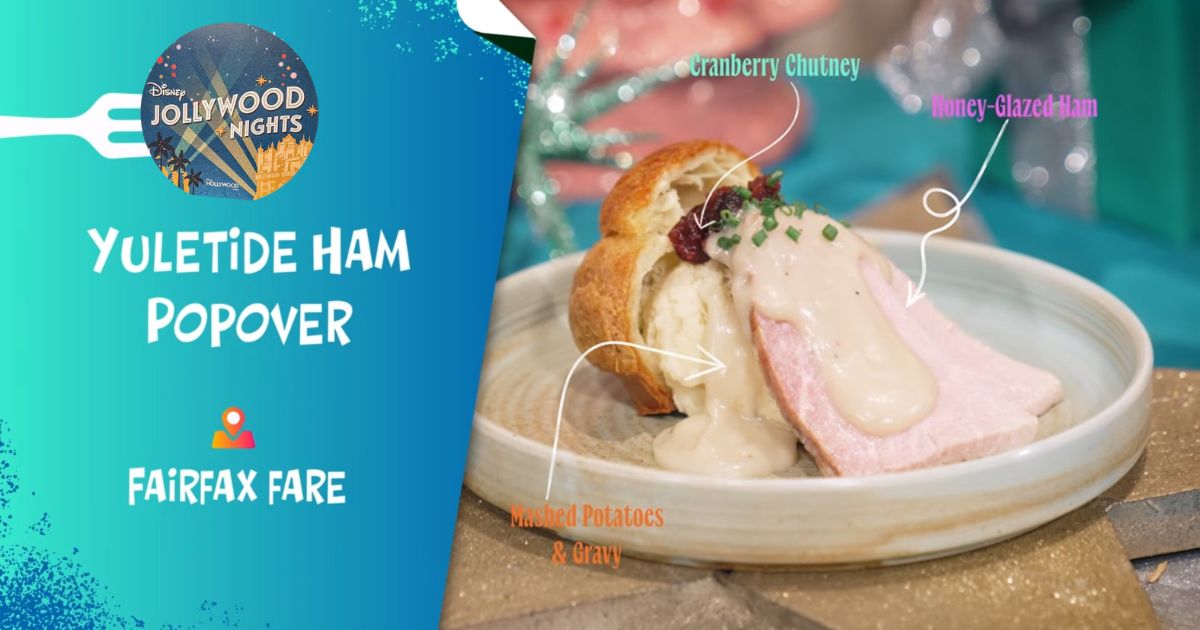 A warm popover stuffed with mashed potatoes, ham, gravy, and cranberry chutney